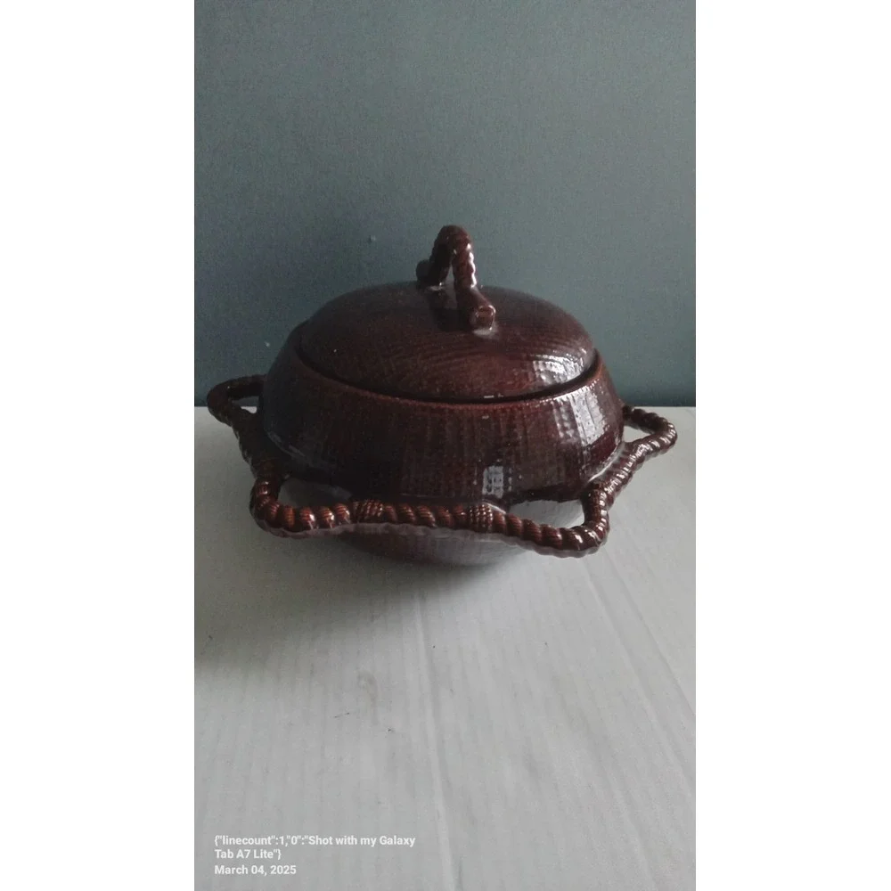 Vintage Ceramic Punch‎ Bowl Set with Ladle Cups Brown Woven Design